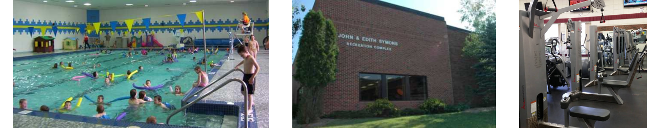 Symons pool, outside of the building, and exercise room 