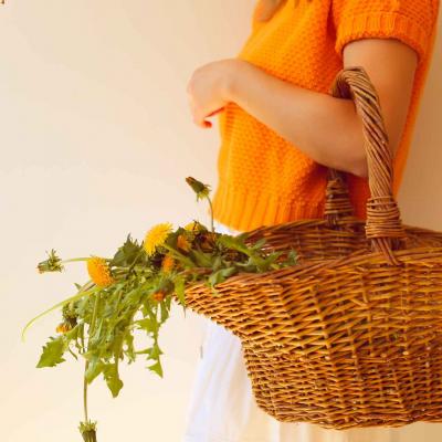 Woman carrying spring plants in a basket