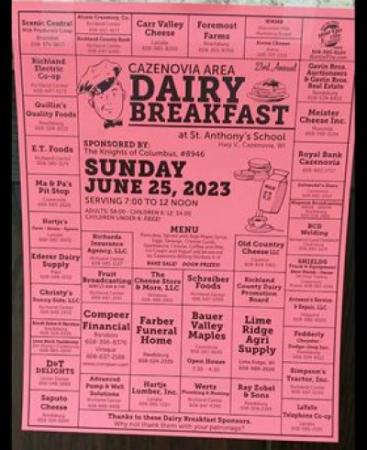 Caz area dairy breakfast poster with advertisers.